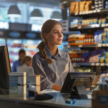 employee at checkout desk selling lawn mowers